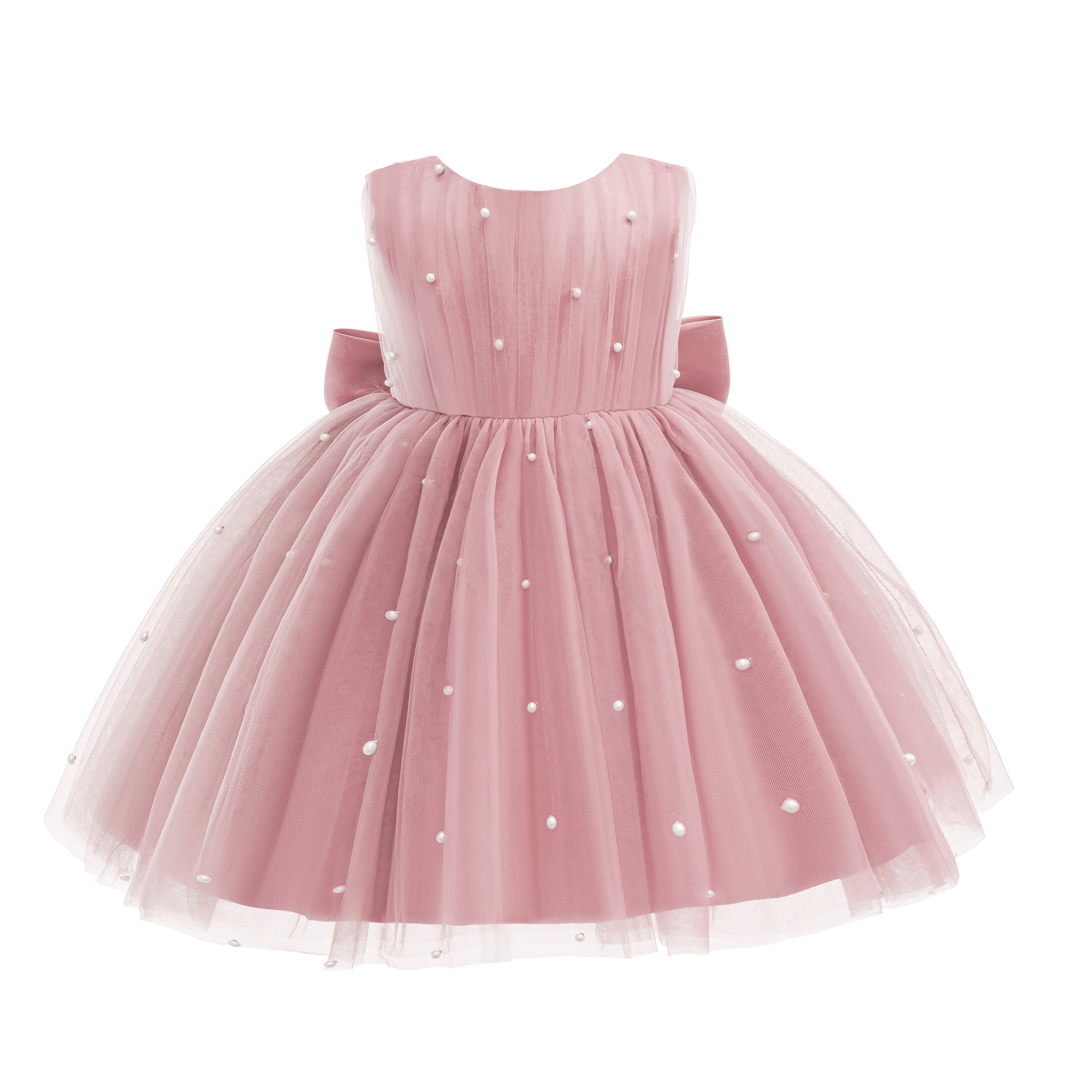 5296 Champagne Baby Girls Tulle Party Dress Pearl Decor Sleeveless Puffy Skirt 12-18M 18-24M Flower Girl Wholesale Vendor Export